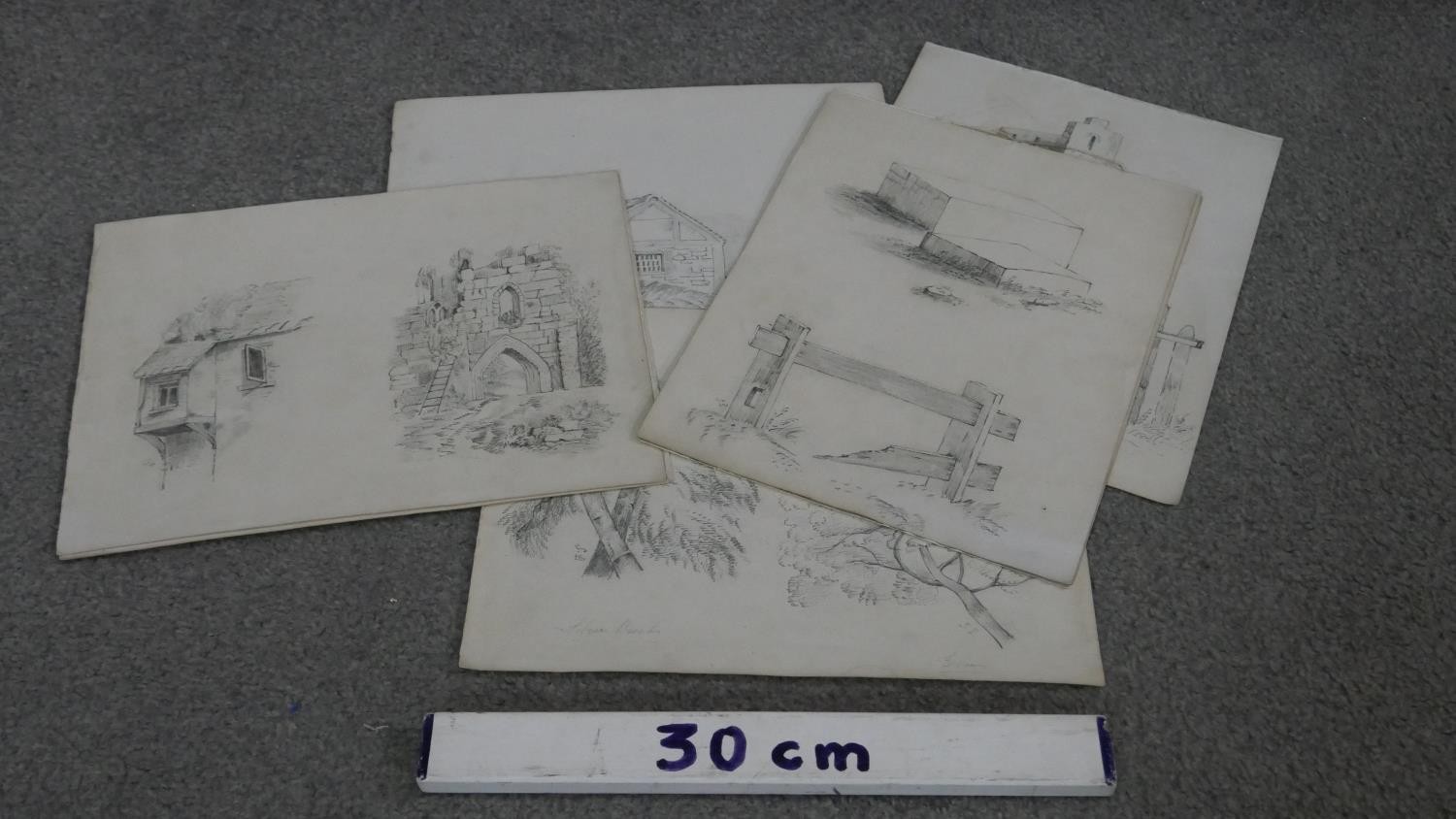 A collection of five 19th century pencil sketches. Indistinctly signed and dated. H.30 W.23 cm - Image 2 of 8