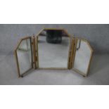 A mid century gilt framed adjustable triptych dressing table mirror. H.46 W.80cm