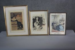 Three framed and glazed vintage French advertising poster engravings. H.51 W.40cm.