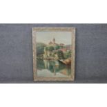 A framed oil on canvas of a riverside chateau. Signed R. Solier. H.69 D.53cm