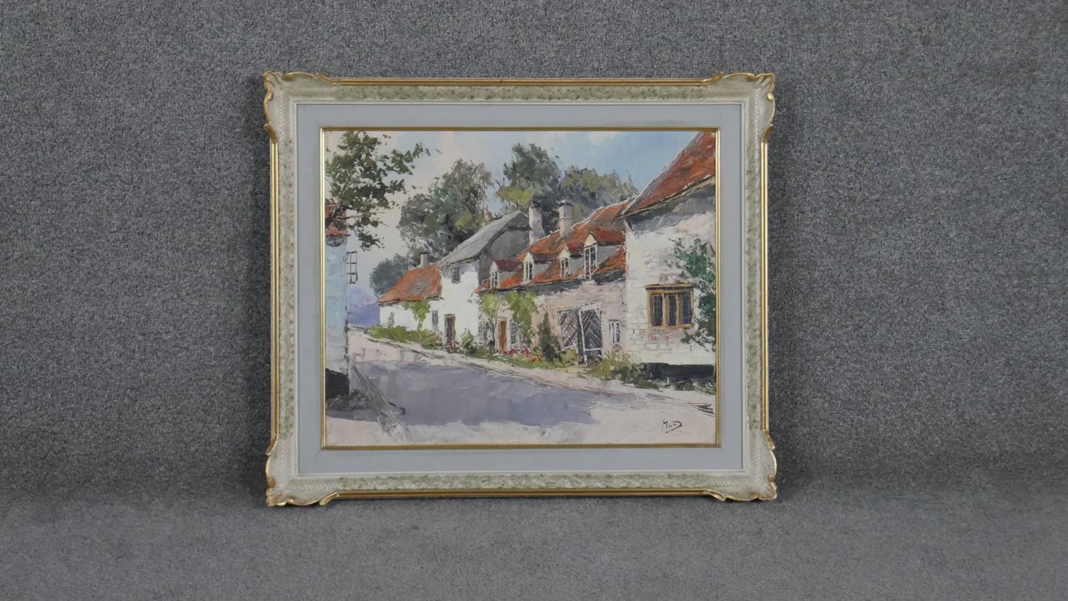 A framed oil on canvas of Snowshill, Gloucestershire. Indistinctly signed. Label verso. H.54 W.64cm - Image 2 of 6