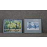 Two framed and glazed acrylics on paper. One titled Battersea Park Winter and the other Autumn