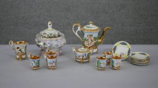 A vintage Capodimonte relief design six person ceramic coffee set with putti design and a lidded