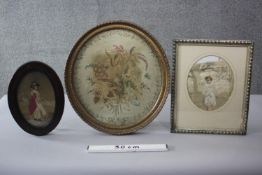 Three 19th century framed and glazed silk needleworks with watercolour details. Two depicting