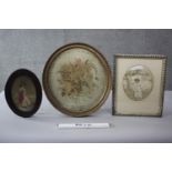 Three 19th century framed and glazed silk needleworks with watercolour details. Two depicting