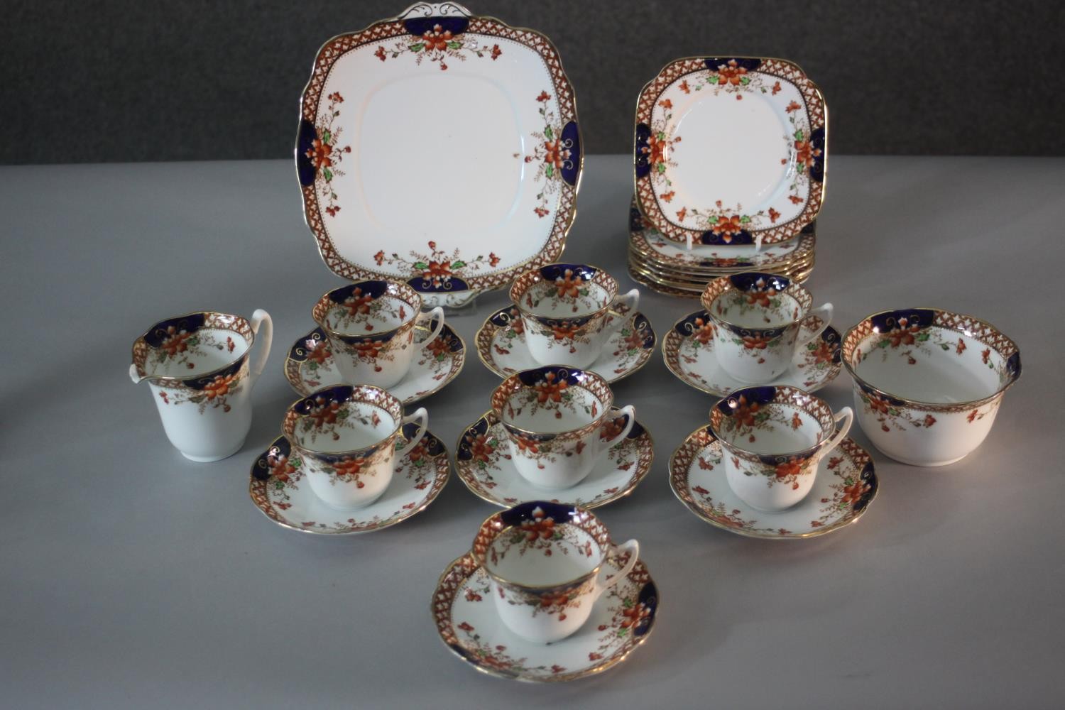 A Roslyn china seven person part tea set. Decorated with a floral design. Includes cups and saucers, - Image 2 of 10