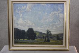 Ethel Louise Rawlins- A framed oil on canvas 'Downs at Hurst' Sussex, signed and inscribed verso.