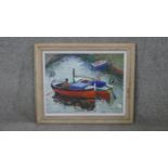 John Gilroy (1898 - 1985) A framed oil on board, rowing boats on the river, signed verso. H.50 W.