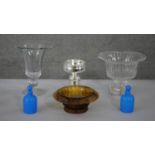 A collection of 19th century glass. Including a pair of blue opaline glass toilet bottles with