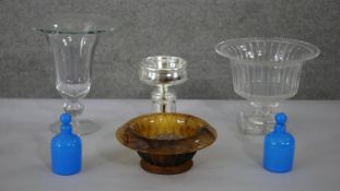 A collection of 19th century glass. Including a pair of blue opaline glass toilet bottles with