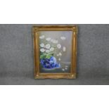 A gilt framed oil on board still life of flowers in a Chinese ginger jar. Signed Joyce Grimaldi.