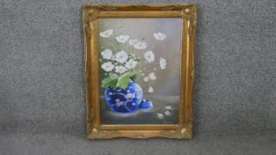 A gilt framed oil on board still life of flowers in a Chinese ginger jar. Signed Joyce Grimaldi.