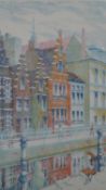A framed and glazed coloured stipple engraving titled 'Canal Scene, Bruges', indistinctly signed,