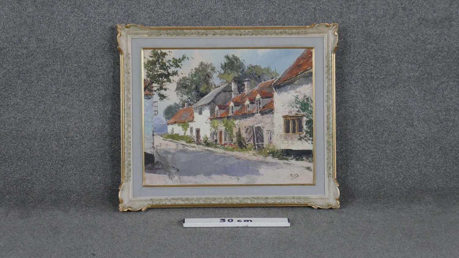 A framed oil on canvas of Snowshill, Gloucestershire. Indistinctly signed. Label verso. H.54 W.64cm - Image 6 of 6