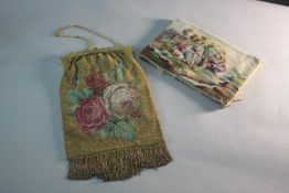 A French gilded metal bright cut coloured metal bead tapestry evening bag with rose design and