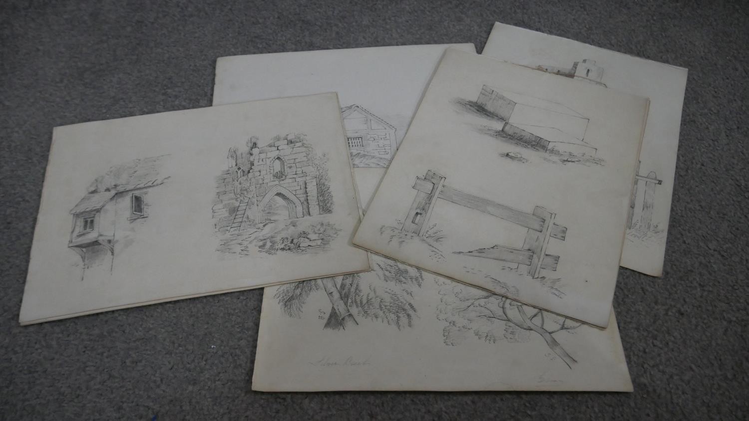 A collection of five 19th century pencil sketches. Indistinctly signed and dated. H.30 W.23 cm