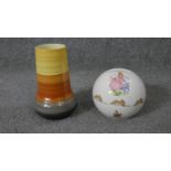 A Shelley hand painted ceramic Art Deco vase along with a Bunnykins Royal Doulton money box. (no