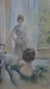 A framed and glazed pastel of two ladies in a drawing room. Indistinctly signed. H.63 W.58cm