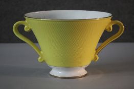 A Salins French ceramic yellow glaze and gilded twin handled conical design serving bowl. Makers
