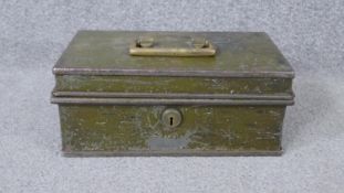 A Milner's Safe Company vintage army green lockable painted cash box with hinged compartments and