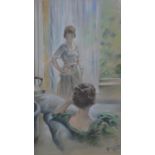 A framed and glazed pastel of two ladies in a drawing room. Indistinctly signed. H.63 W.58cm
