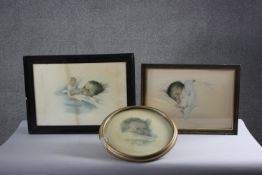 Three framed and glazed vintage Bessie Pease Gutmann prints of babies, signed in plate. H.54 W.62 cm