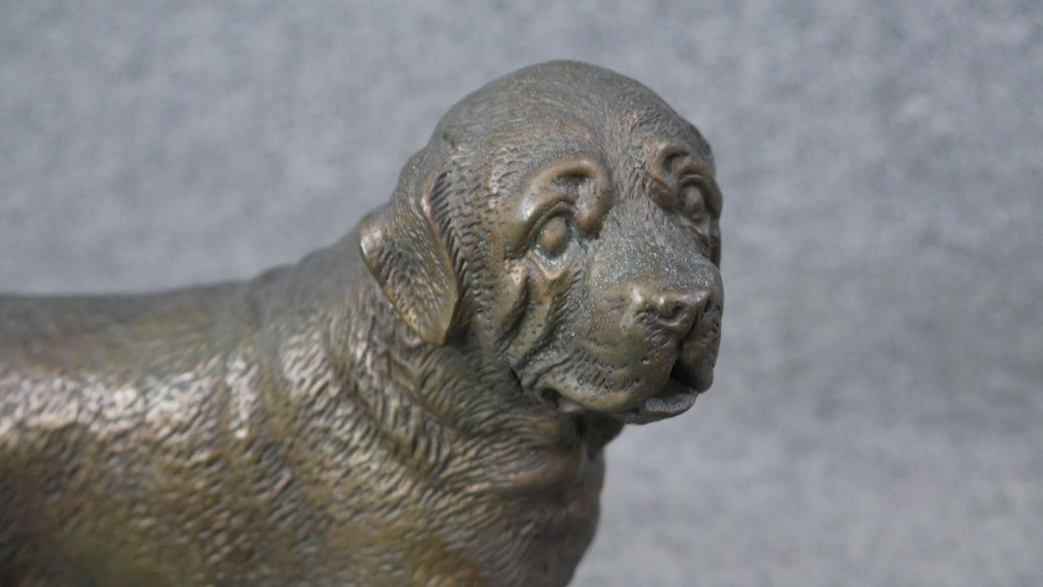 A Victorian painted cast metal horse, with dappled coat along with a cast brass figure of a dog with - Image 3 of 5