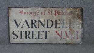 A vintage metal street sign, Varndell Street. Red and black lettering. H.46 W.92 cm