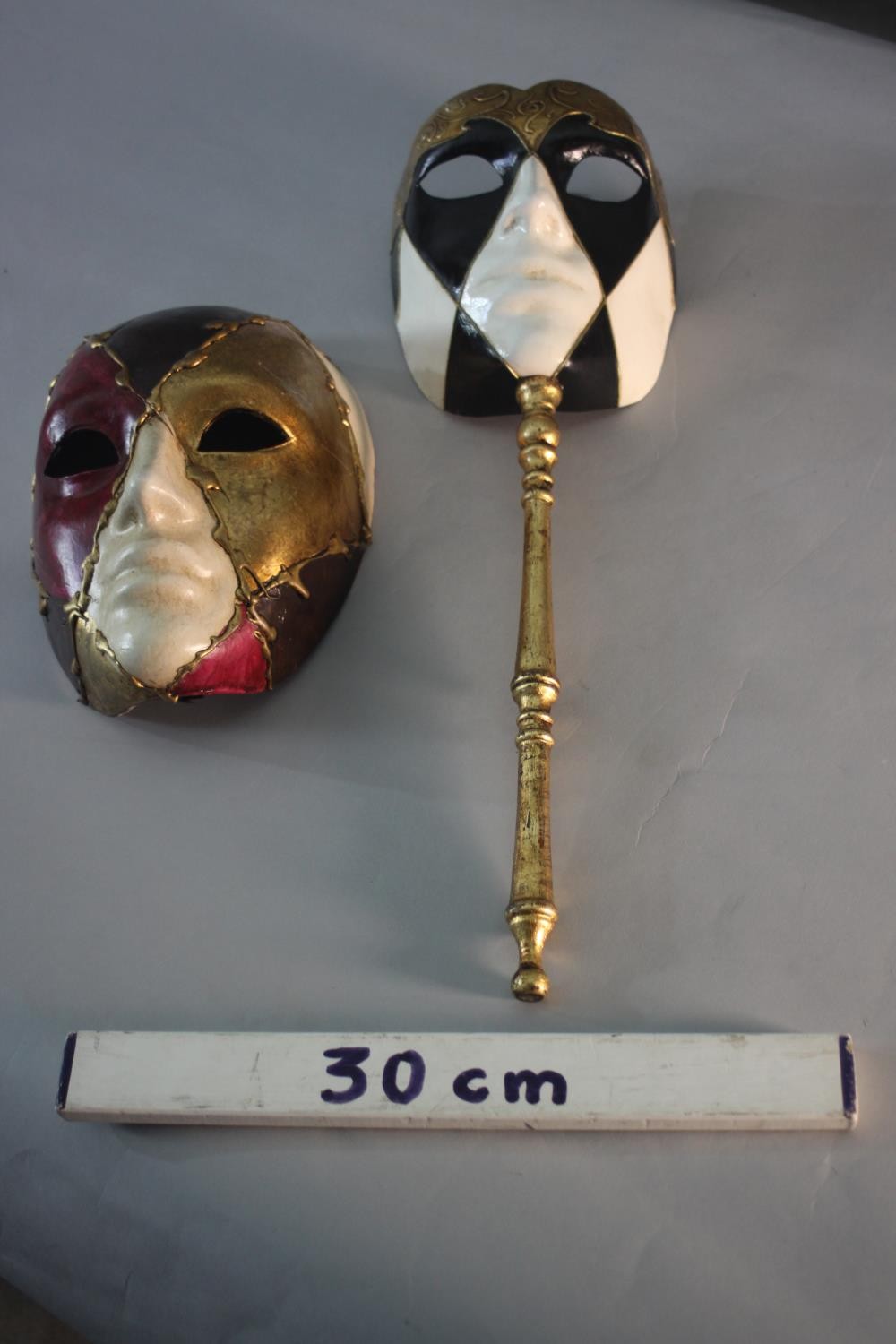 Two bespoke Ca' del Sol Venetian masks, each with a harlequin design, one with a gilded turned - Image 2 of 8