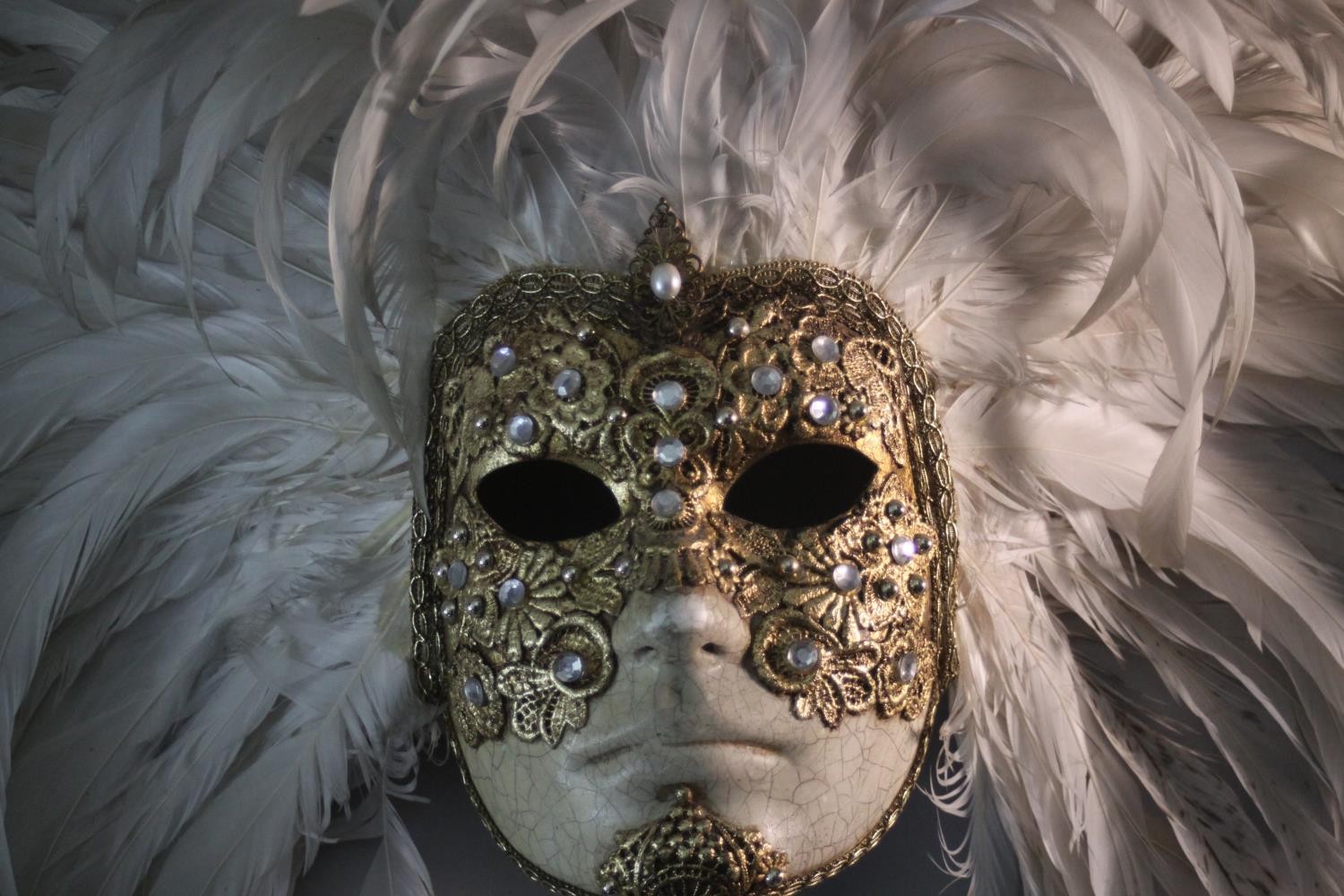 A bespoke Venetian carnival mask, with gilded brocade and white cockerel's feather headdress. H.46 - Image 3 of 6