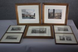 Seven framed and glazed 19th century hand coloured engravings of British places of interest. H.36