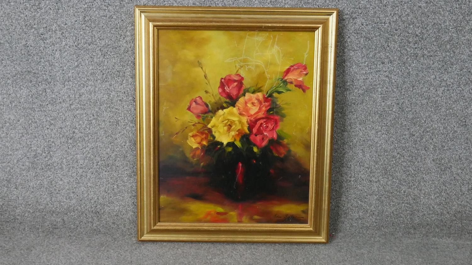 A gilt framed oil on board of a vase of roses. Signed Stan Butler. H.47 W.39cm - Image 2 of 4