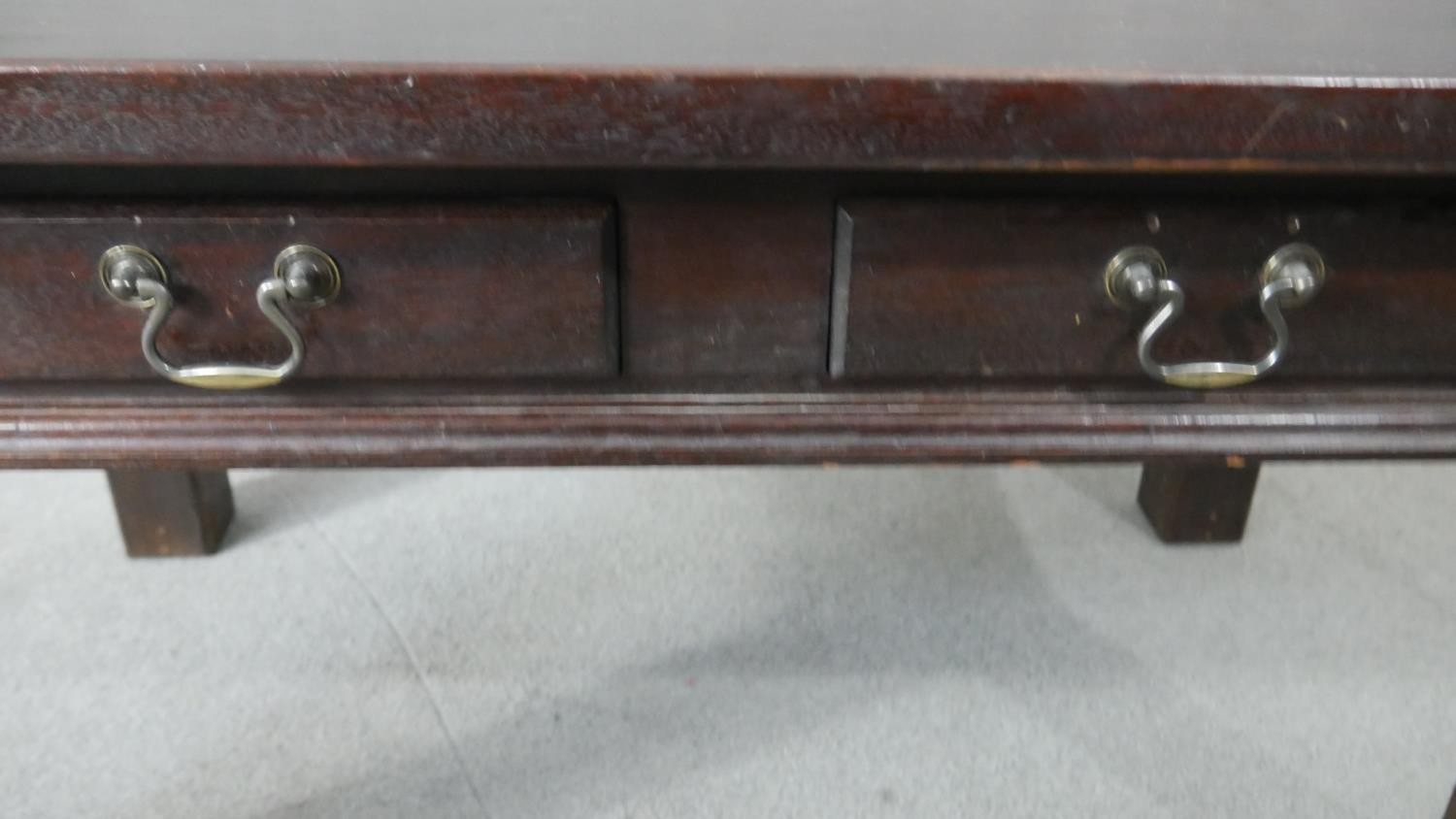 A low table fitted with frieze drawers on square tapering supports. H.51 W.101 D.61cm - Image 4 of 6