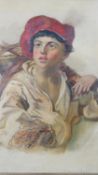 A gilt framed oil on canvas of a young boy wearing a red hat. (small damage to canvas) Unsigned. H.