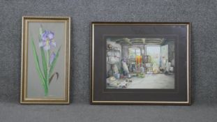 Two framed and glazed watercolours. One of a purple Iris, signed E.R. Grimaldi. The other of the