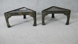 A pair of lacquered hand decorated Chinese occasional tables. H.23 Dia.45cm