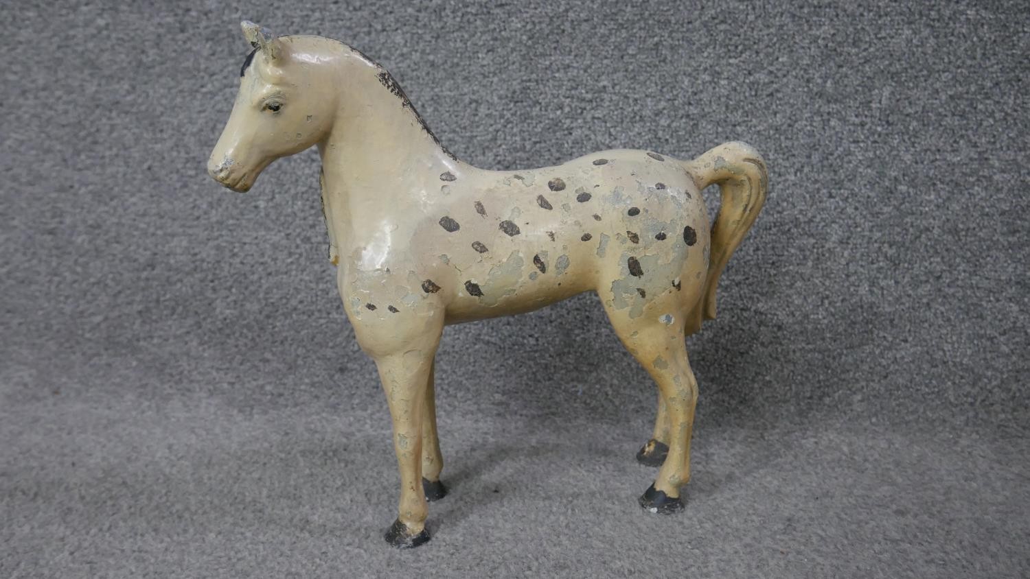 A Victorian painted cast metal horse, with dappled coat along with a cast brass figure of a dog with - Image 4 of 5