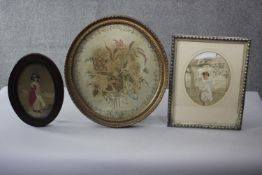 Three 19th century framed and glazed silk needlework's with watercolour details. Two depicting