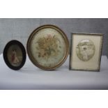 Three 19th century framed and glazed silk needlework's with watercolour details. Two depicting