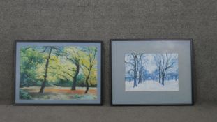 Two framed and glazed acrylics on paper. One titled Battersea Park Winter and the other Autumn