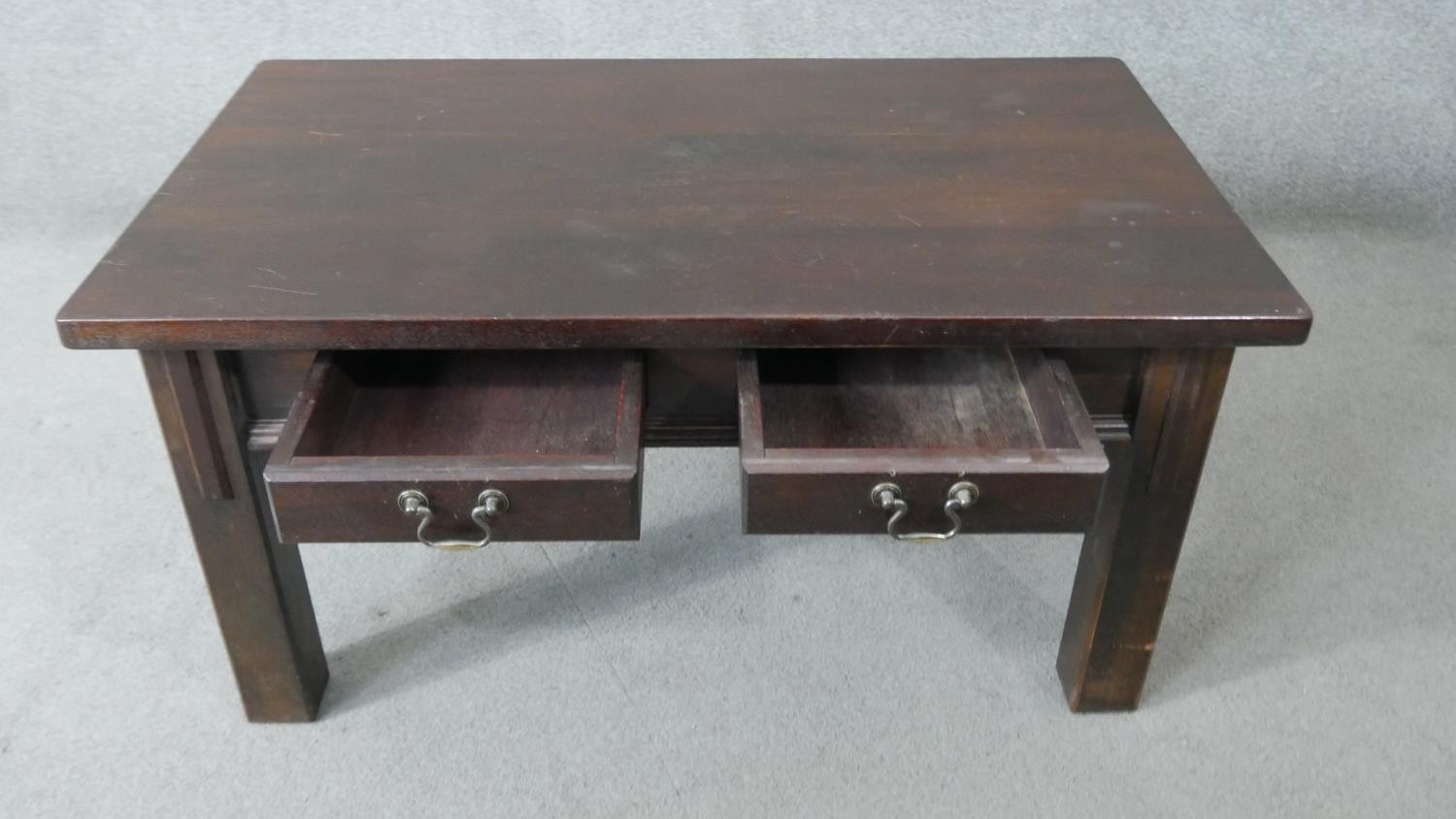 A low table fitted with frieze drawers on square tapering supports. H.51 W.101 D.61cm - Image 3 of 6