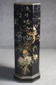 A Chinese black lacquered chest with all over hand painted bird and flower decoration. H.102 W.33