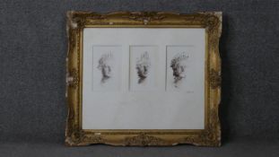 A carved gilt wood framed and glazed photographic print composition of three classical heads, signed