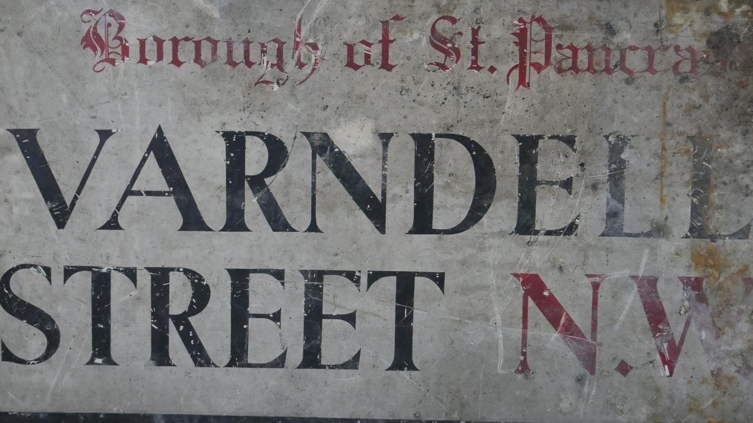 A vintage metal street sign, Varndell Street. Red and black lettering. H.46 W.92 cm - Image 2 of 4