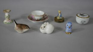 A collection of porcelain. Including a Lomonosov snow hare, Herend owl, miniature candle stick, hand