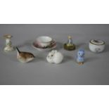 A collection of porcelain. Including a Lomonosov snow hare, Herend owl, miniature candle stick, hand