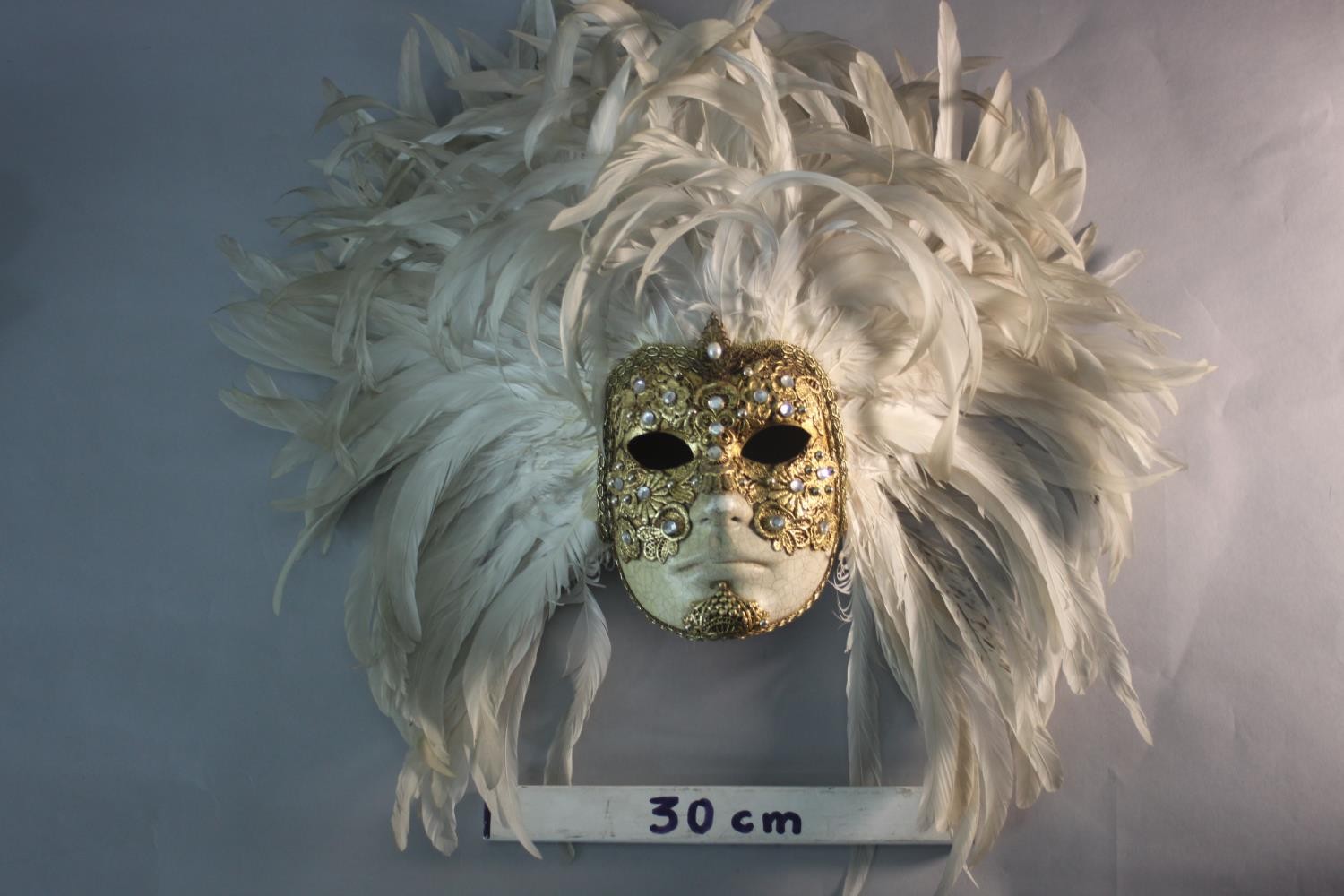 A bespoke Venetian carnival mask, with gilded brocade and white cockerel's feather headdress. H.46 - Image 2 of 6