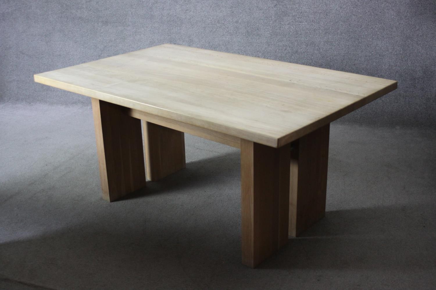 A contemporary light oak planked top dining table on block supports. H.74 W.160 D.100 cm. - Image 3 of 7