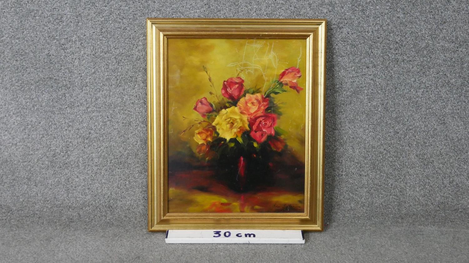 A gilt framed oil on board of a vase of roses. Signed Stan Butler. H.47 W.39cm - Image 4 of 4