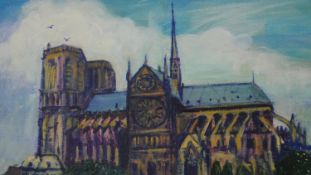 Terence Howe (B.1943) a framed oil on canvas, 'Notre Dame', signed with inscription to the reverse.